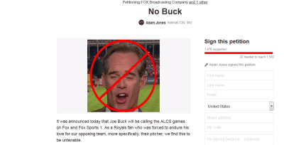 The "No Buck" petition drew Joe Buck's attention. "Good luck. Rooting for you." the announcer tweeted. () 