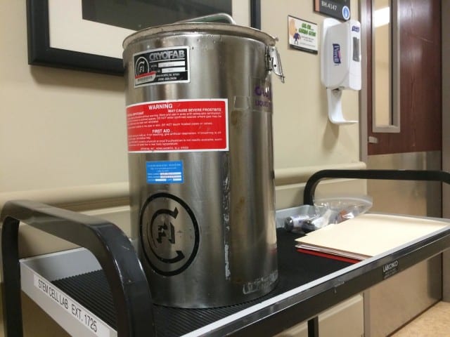 Billions of Adams' engineered T cells were shipped to KU Hospital in this canister on Tuesday and reinfused in his body. (Photo: Alex Smith | Heartland Health Monitor)