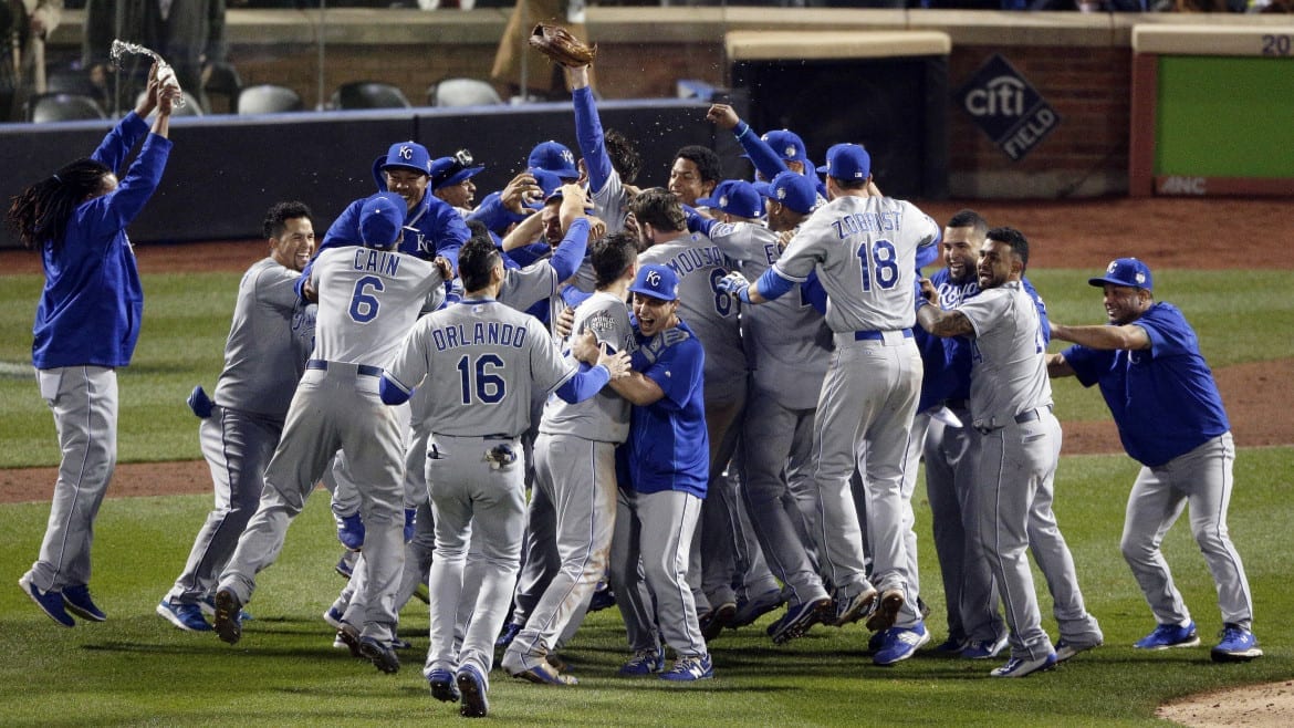 The Boys in Blue celebrate after Game 5 of the Major League Baseball World Series against the New York Mets on Monday night in New York. The Royals won 7-2 to win the series. (Photo: Charlie Riedel | AP)