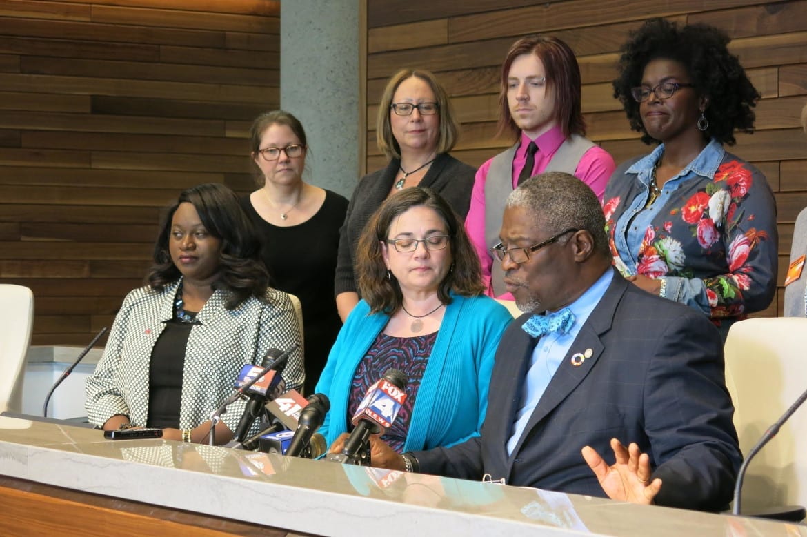 Kansas City Mayor Sly James, bottom right, announced the formation of a Citizen Task Force to prevent violence in November, 2015. The task force held a public meeting last week. (Photo: Elle Moxley | KCUR)