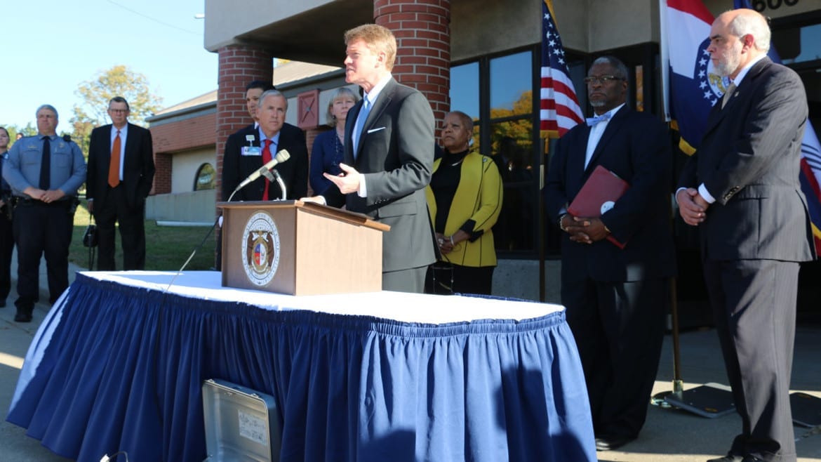 Missouri Attorney General Chris Koster speaking at press conference.