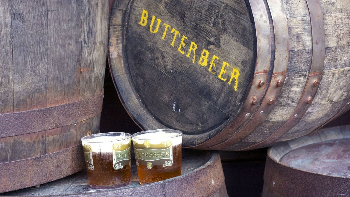 A shot of butter beer and barrels.
