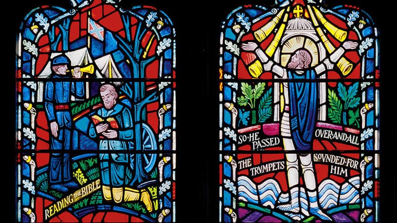 Confederate battle flags on stained glass