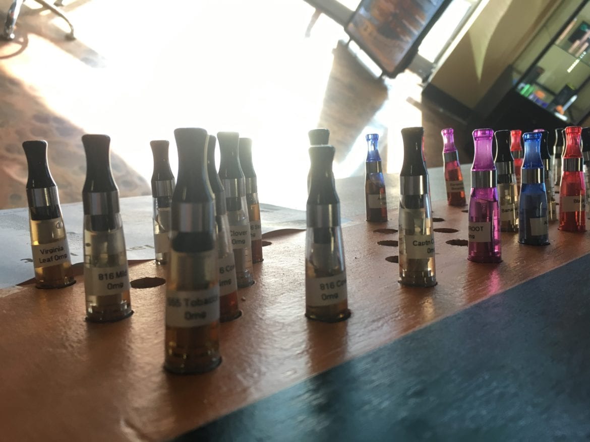 A collection of e-cigarette atomizers used for free samples