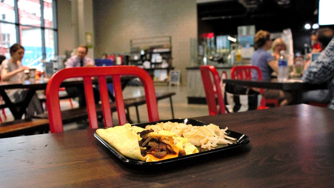 Mad Man's omelet with brisket is served with a side of hashbrowns at the Lenexa Public Market.