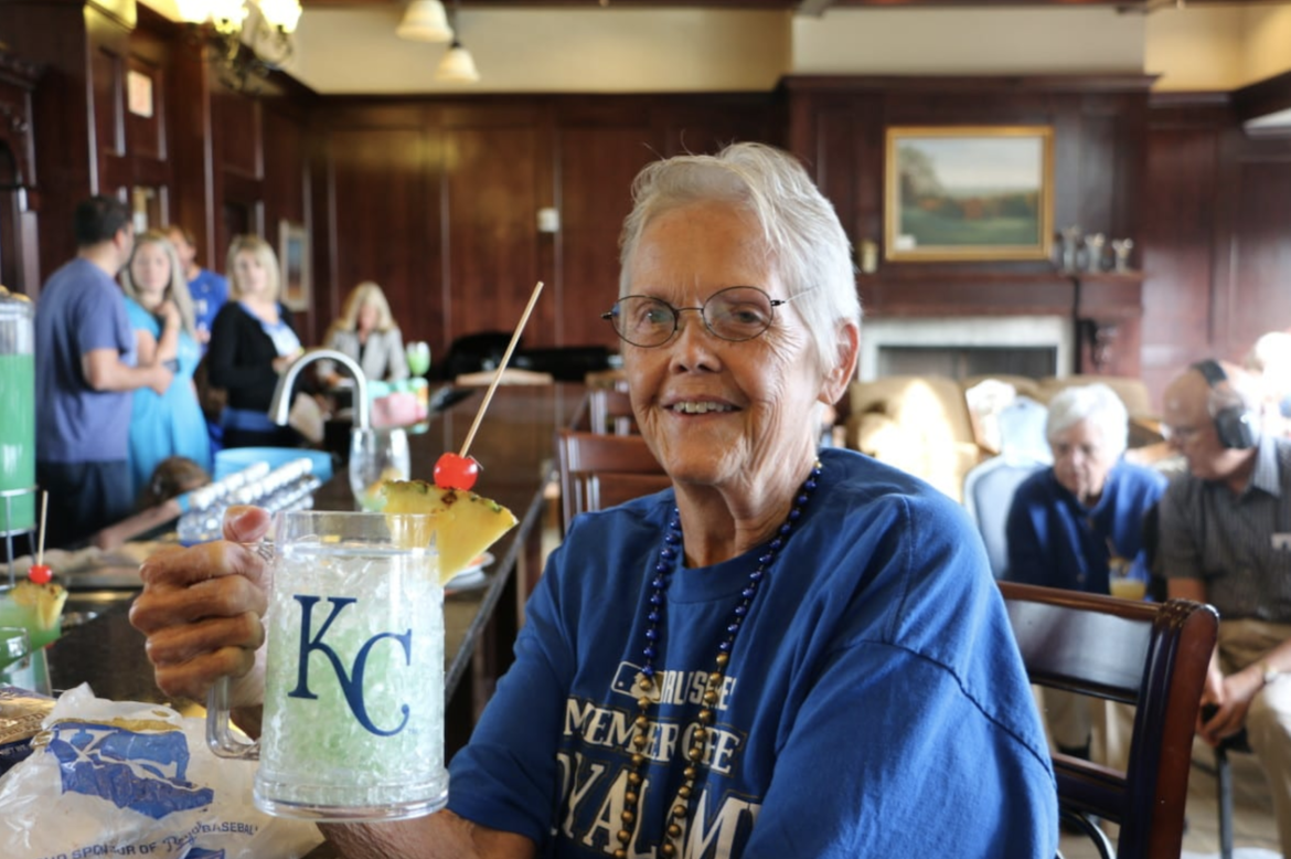 Mary Lou Kennedy enjoys a drink during a 2015 watch party.