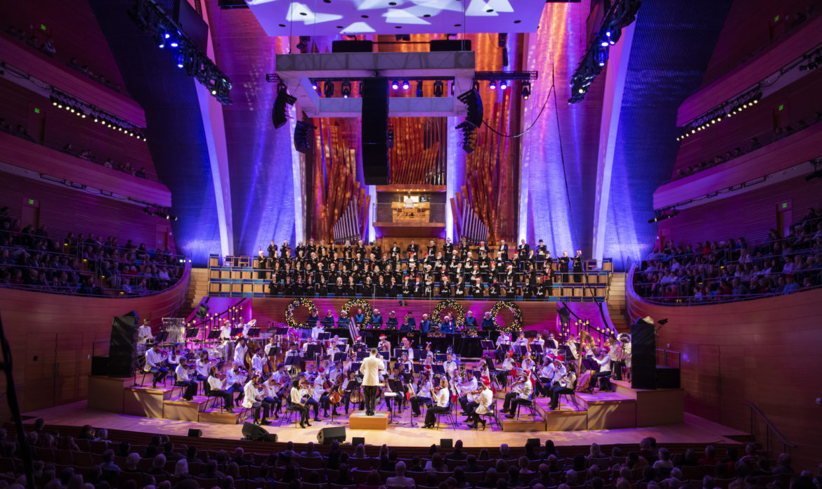 The Kansas City Symphony performs on a colorful stage. 
