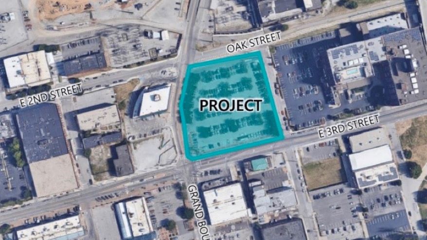 The project is proposed for what’s now a public parking lot northeast of Third and Grand in the River Market.