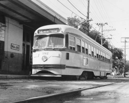 A streetcar on the Country Club line in 1955 at the Waldo stop.