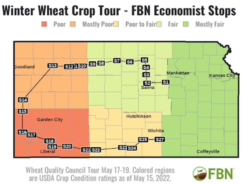 This map of stops from the Kansas wheat tour shows that northwest and southwest Kansas have the state's poorest crop conditions.