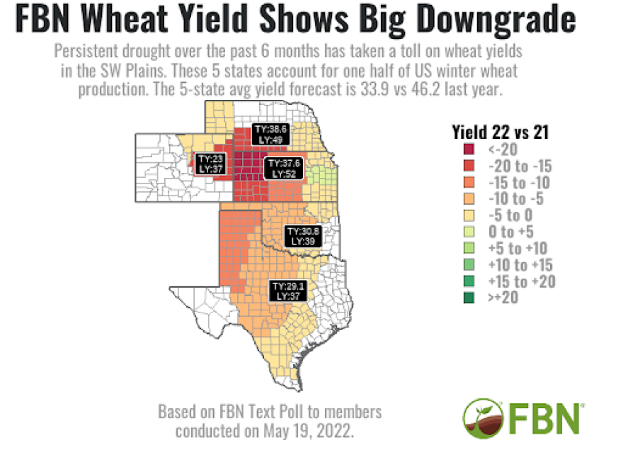 This map shows how wheat crop conditions fare across the High Plains this year compared to last year. Western Kansas has the biggest expected drop in yields.