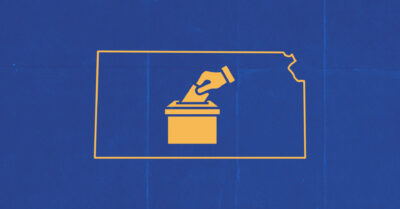 A navy blue background with an orange outline of the state of Kansas with a ballot box inside. On Aug. 2, Kansans will vote on a constitutional amendment that would uphold or remove abortion protections.