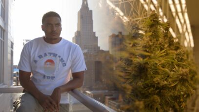 Donte Westmoreland on a balcony overlooking downtown Kansas City.