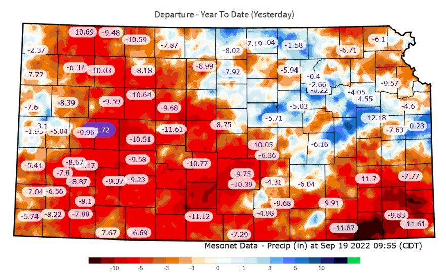 This map from Kansas Mesonet shows how many inches below-average precipitation totals are for various places across Kansas. A higher number (and darker red coloring) means that a location is drier this year compared with historical averages.