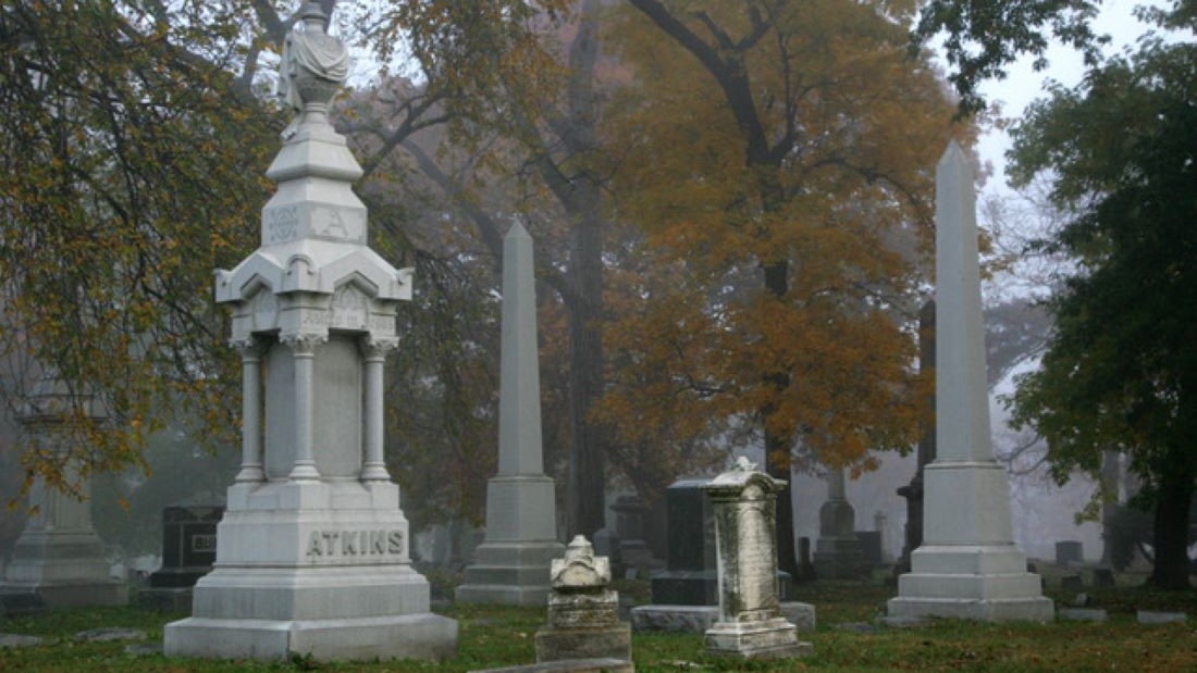 Every year autumn foliage frames the memorials at Elmwood Cemetery, among them those noting the grave of art museum donor Mary McAfee Atkins.