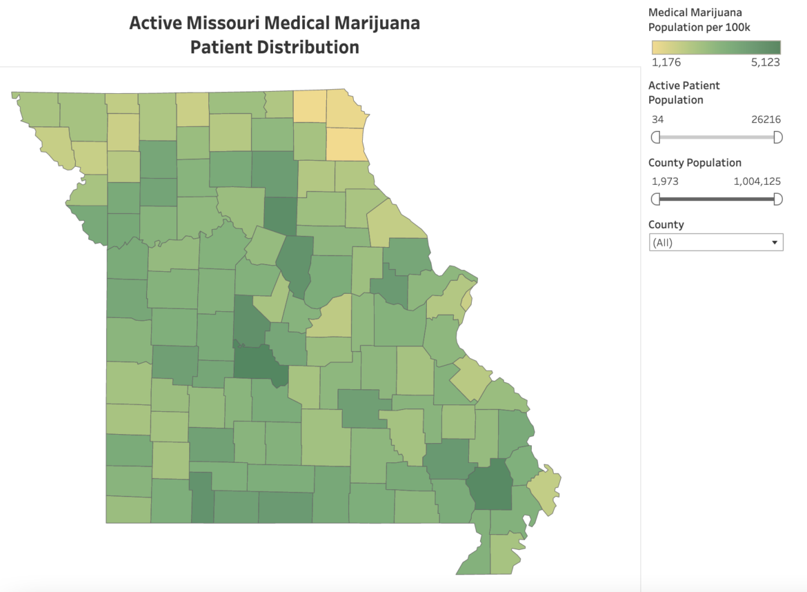 Map of Missouri medical marijuana cardholders by county.