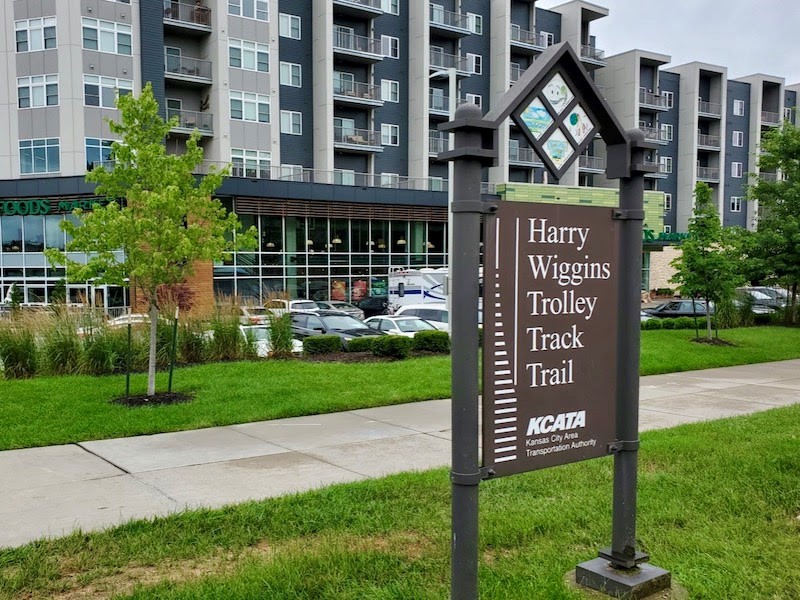 The Harry Wiggins Trolley Track Trail is located on the right-of-way of the former Country Club Trolley route that ceased operations in 1957. (Photo from UMKC