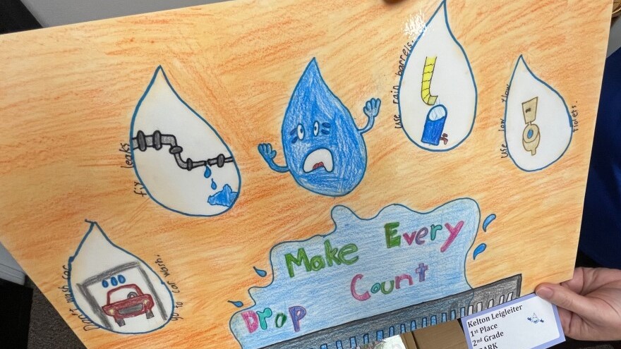 In this winning entry from the Hays art contest, a 2nd grade student depicted WaterSmart Wally anguishing at the sight of water being wasted.