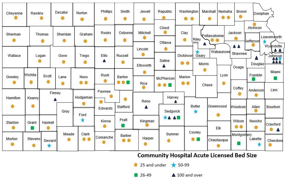 Map shows the number of hospitals in each Kansas County