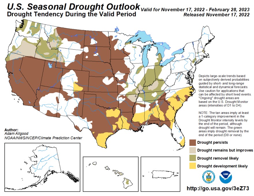 The areas marked by brown shading show where drought is expected to persist for at least a few more months.