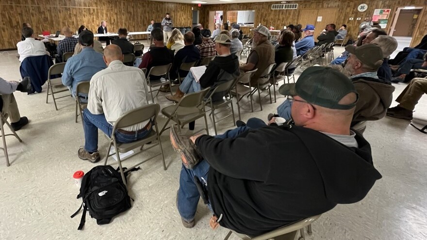 Dozens of western Kansas farmers gather in Scott City for a hearing about a new LEMA plan that would restrict water use for irrigation in four counties.