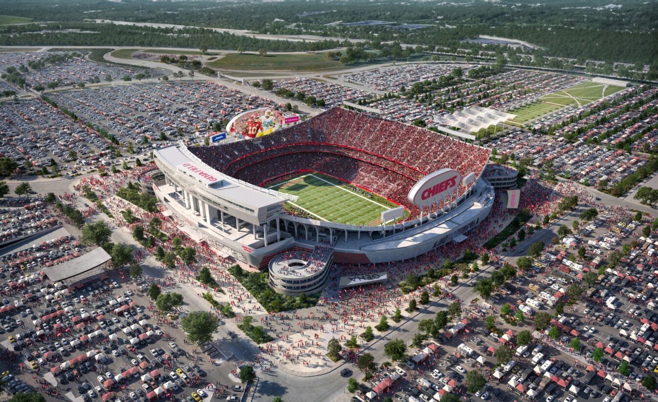 An aerial view of a renovated Arrowhead Stadium.