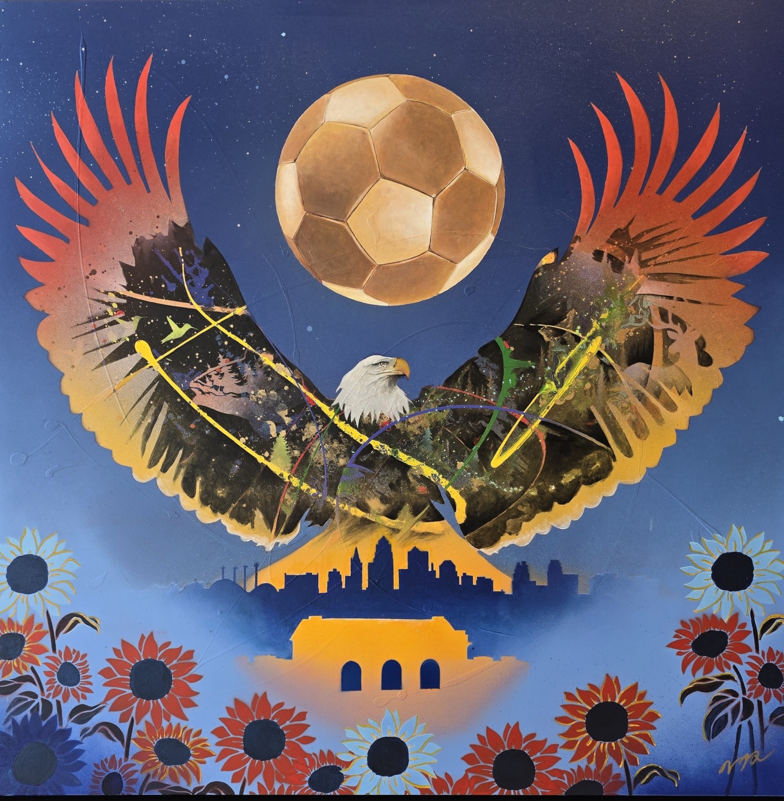 Local artist Jeremy Bell is welcoming World Cup fans to Kansas City with his piece, “Heartland Rising: Golden Goal 2026." (Mike Sherry | Flatland)