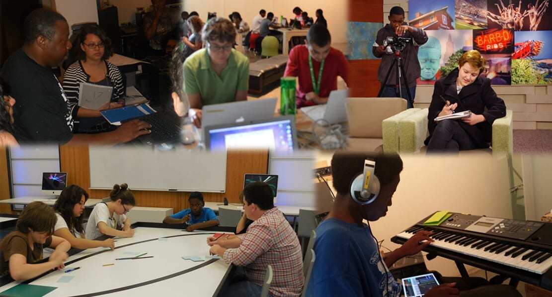 Collage of photos of students participating in KC Public Library's learning lab.