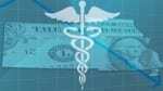 Medicaid symbol, Kansas and Missouri with dollar bill and downward pointed arrow