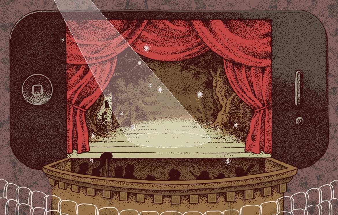 Illustration of smartphone with old time stage on screen