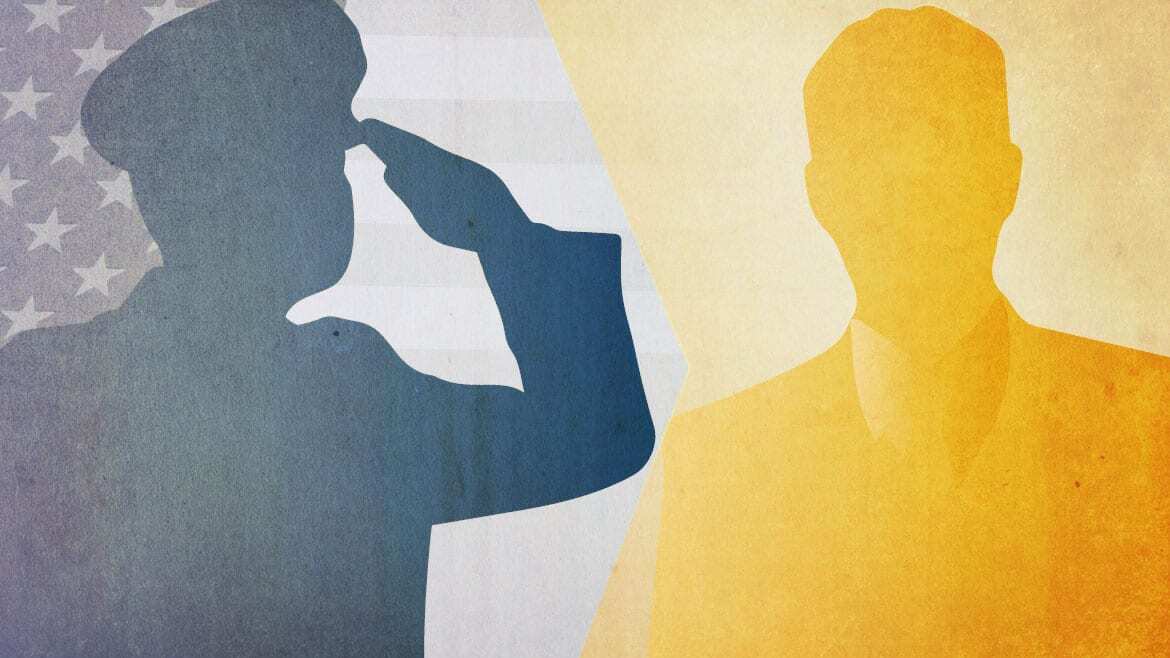 Silhouettes of military uniformed man saluting with arrow to businessman