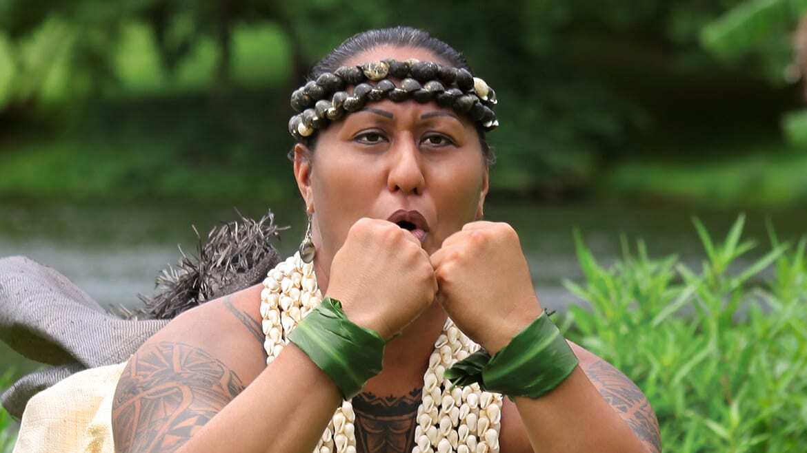 Photo of woman in traditional hula dress.