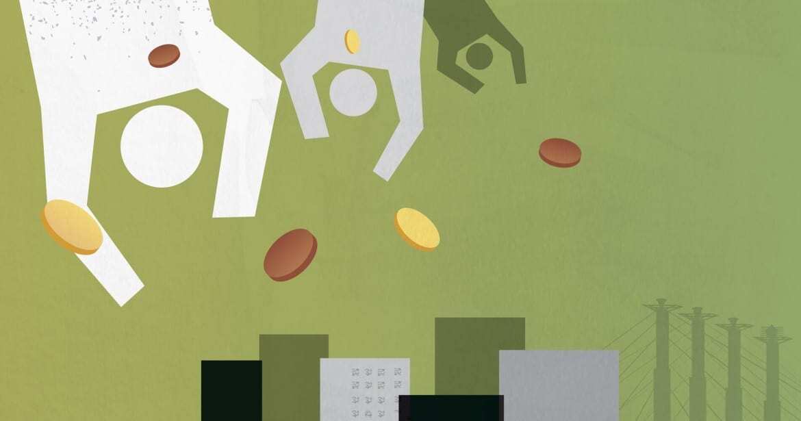 Illustration of upside down people with coins