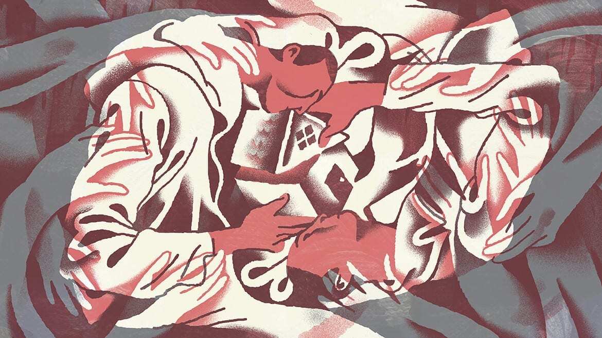 illustration of two figures and many hands mending a broken home.