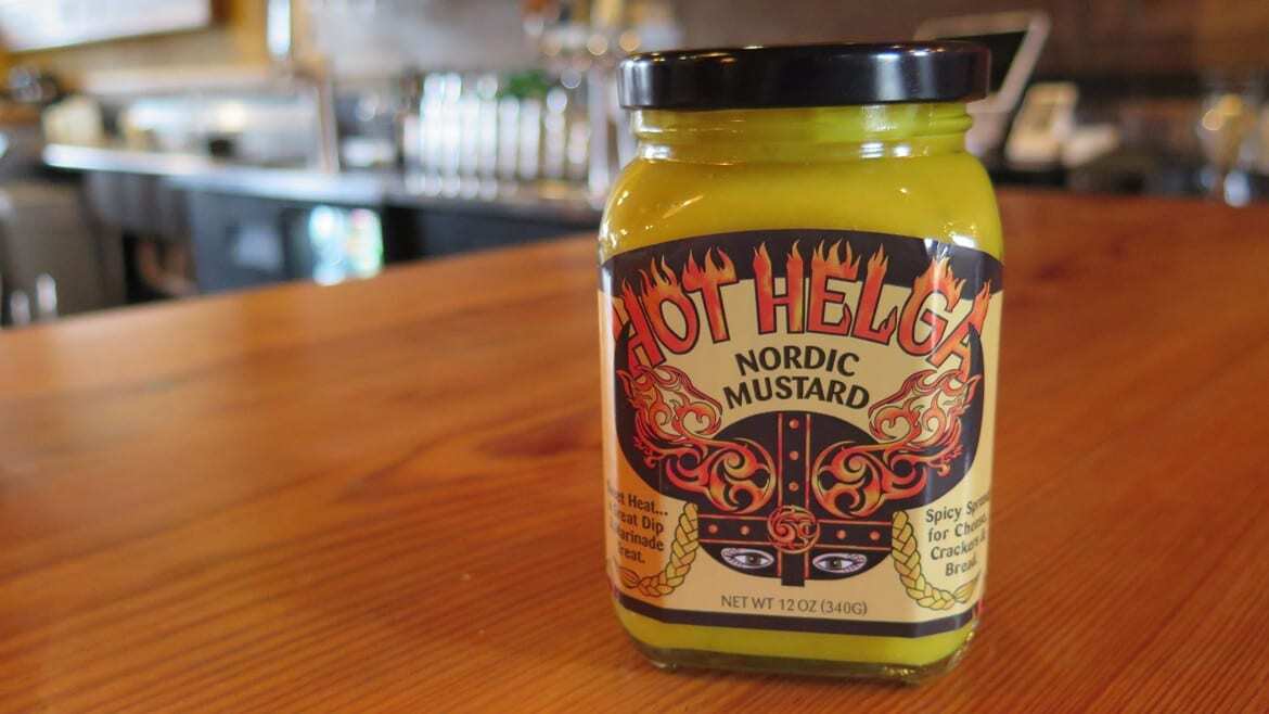 A shot of Hot Helga's mustard bottle.