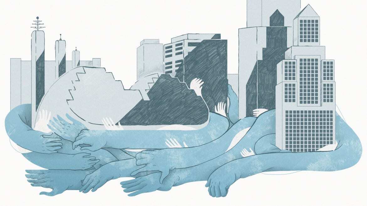 Illustration of water surrounding Kansas City downtown