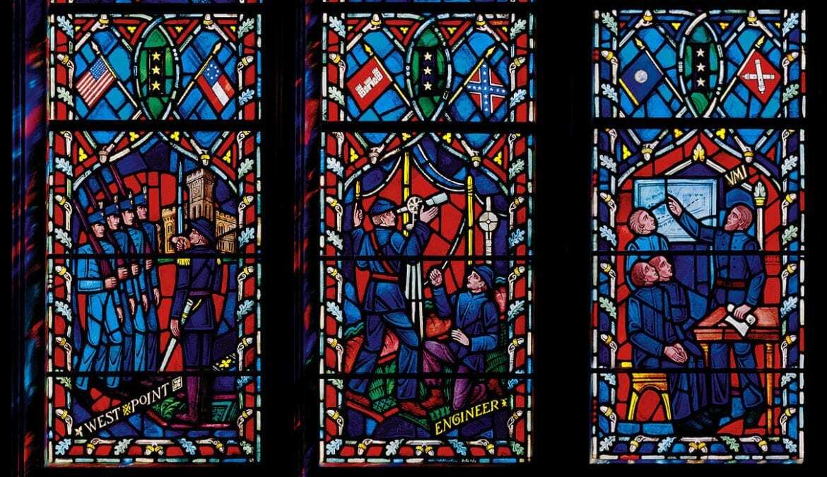 Stained glass windows with Confederate Flags
