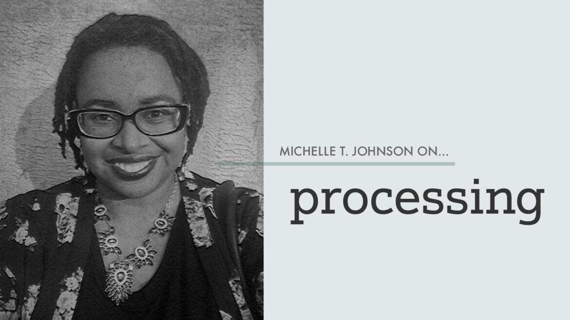 a woman with the text "processing"