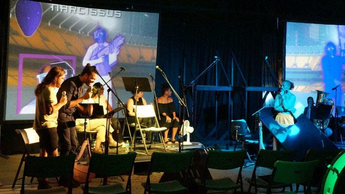 A cast on stage