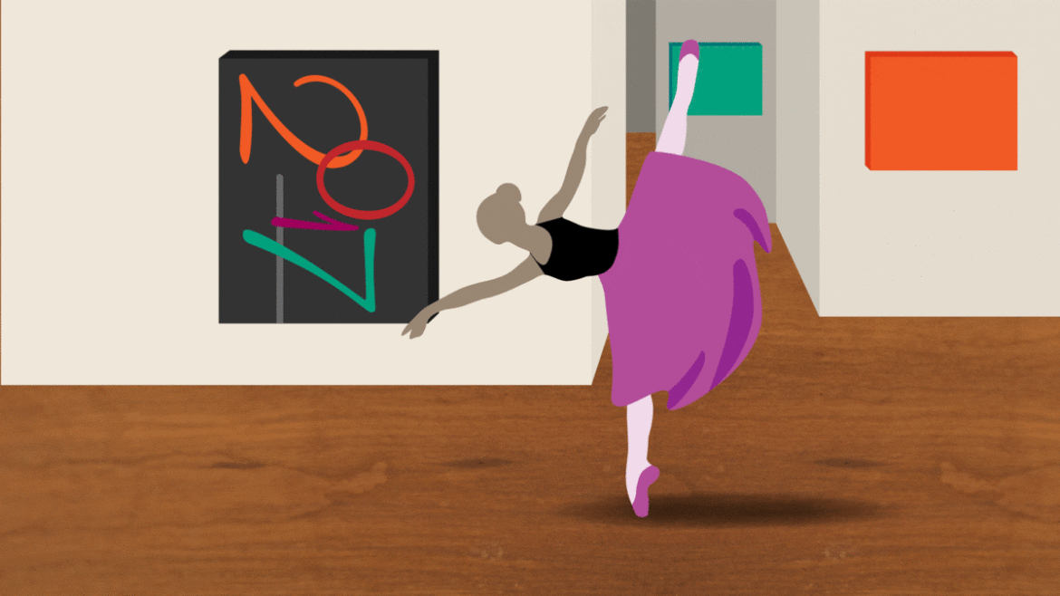 A ballerina touching a canvas that rads "2017."