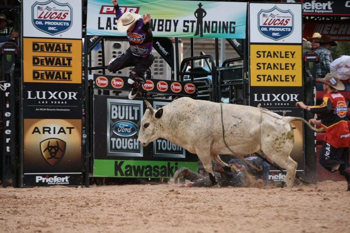 A man being thrown off a bull.