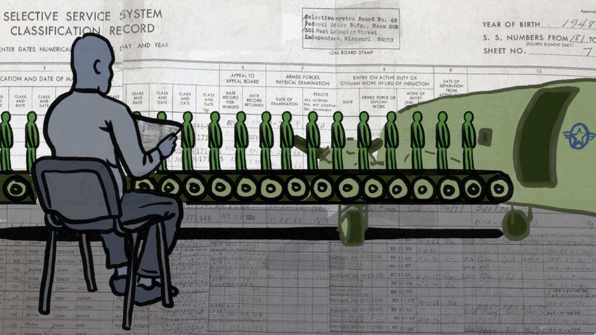 A man looking at a selective service document while soldiers load a military plane on a conveyer belt