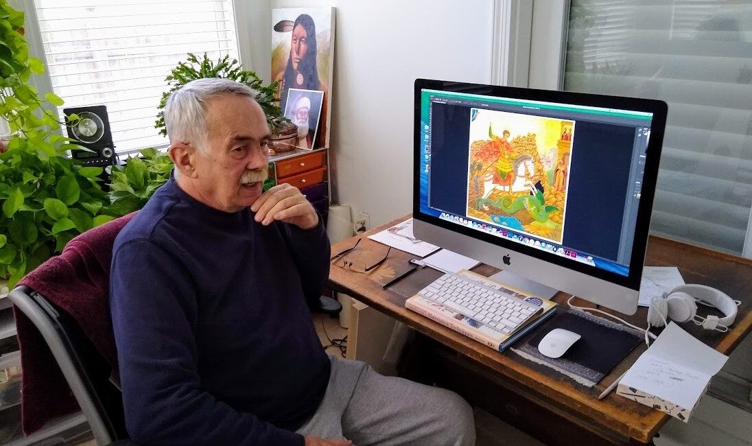 Artist Tom Dolphens displays on his computer a picture of an icon he did years ago, “St. George the Dragon Slayer.”