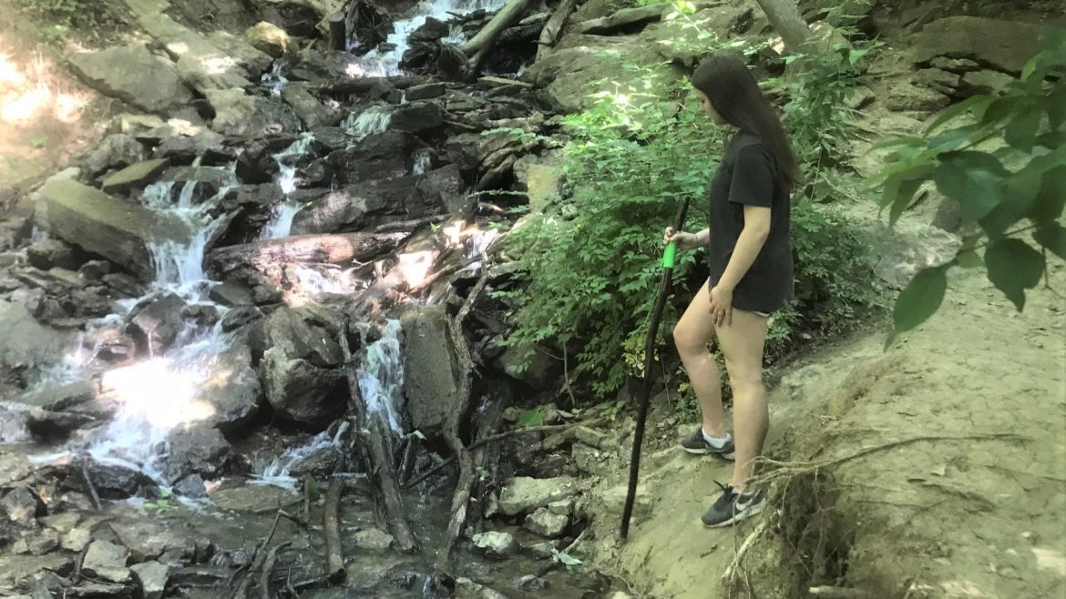 Caty Franklin of Liberty paused by a waterfall at the Parkville Nature Sanctuary.