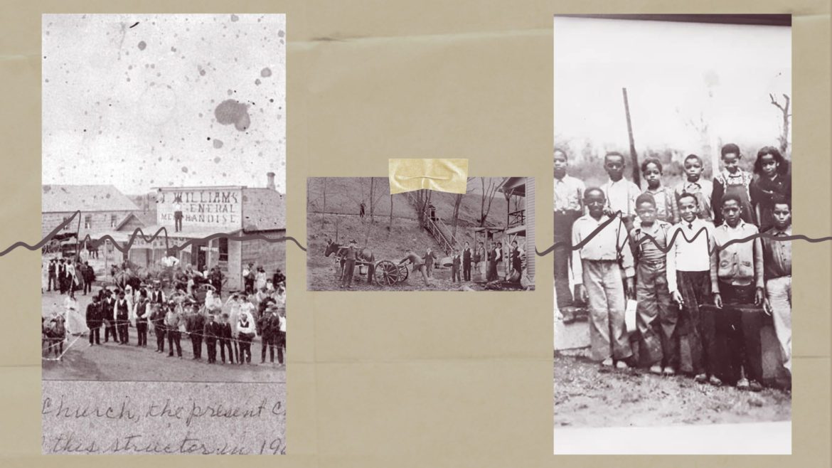 Archival photos are laid on a tan piece of paper, denoting how our journalist traced down the history of Parkville.
