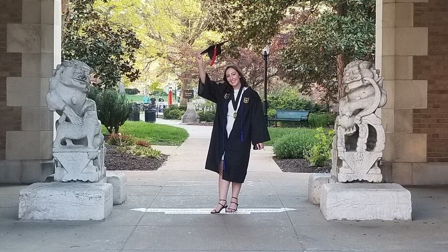 Juliana Tornabene poses underneath the journalism school at the University of Missouri-Columbia on Saturday, April 24, 2021.