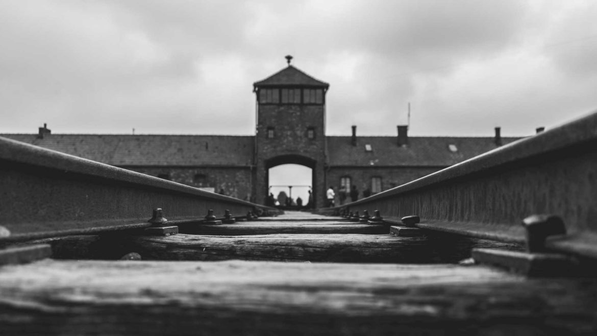 The rails leading into the Auschwitz death camp in Poland.