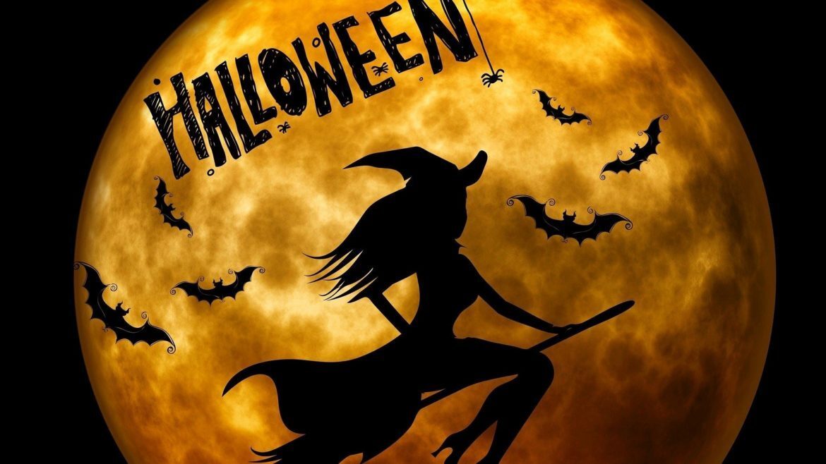 Illustration of a witch flying on a broom with the moon in the background.