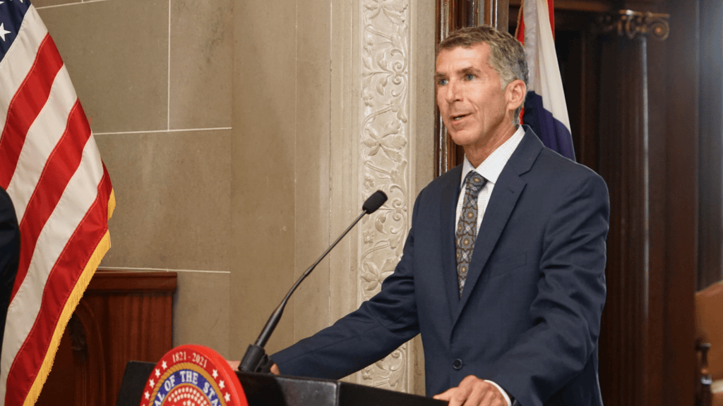 Donald Kauerauf, the director of the Department of Health and Senior Services, speaks during a press conference at the Missouri Capitol in Jefferson City on July 21, 2021
