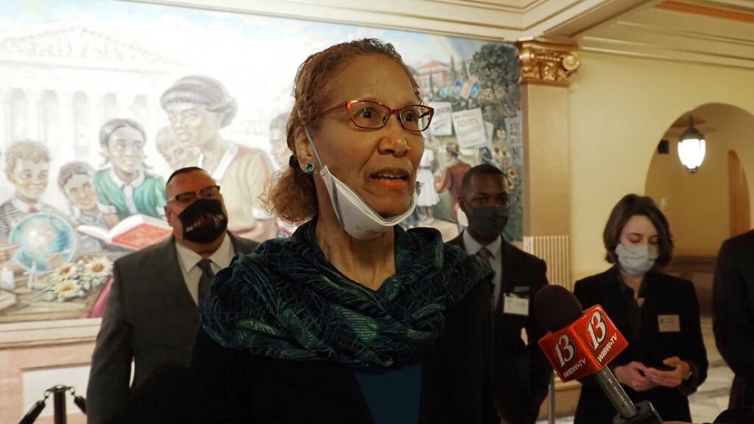 Connie Brown Collins, a Wyandotte County resident, says during a news conference Monday at the Statehouse in Topeka that lawmakers awakened a sleeping lion with their proposal to divide the Kansas City metro area between congressional districts.